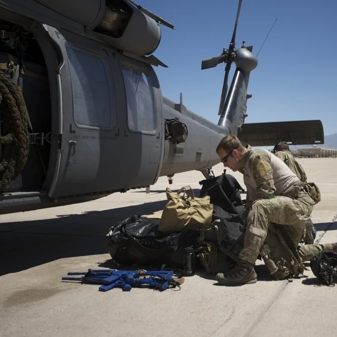 Pararescuemen sorts out his gear before a mission Poster Print (17 x 11)