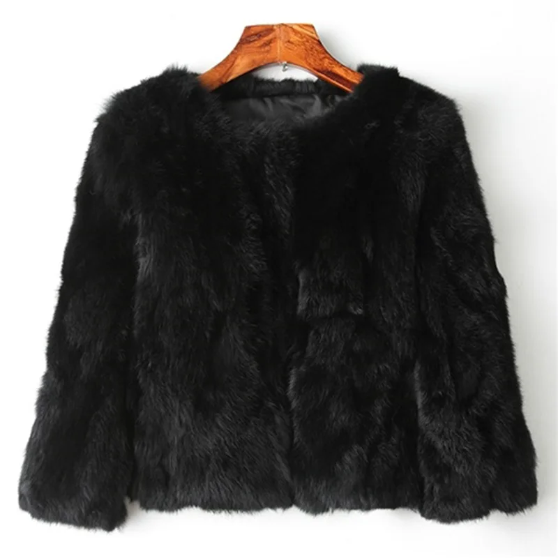 Натуральная кроличья шерсть искусственная кожа норковый мех осенняя куртка пальто для женщин свободное зимнее пальто женские Fourrure Femme модные меховые - Цвет: black
