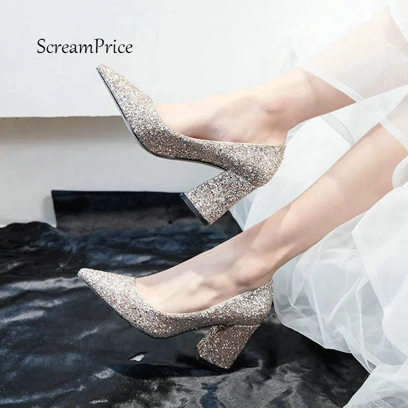 

New Bling Hoof High Heel Woman Lazy Pumps Fashion Pointed Toe Wedding High Heel Shoes Ladies Silver Gold