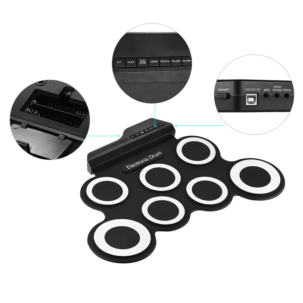 US $31.99 Portable Electronic Drum Digital USB 7 Pads Roll up Drum Set Silicone Electric Drum Pad Kit With DrumSticks Foot Pedal