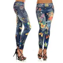Пикантные для женщин леггинсы для Buttlefly с цветочным принтом имитация джинсы эластичный тонкий в стиле панк искусственная Джинс