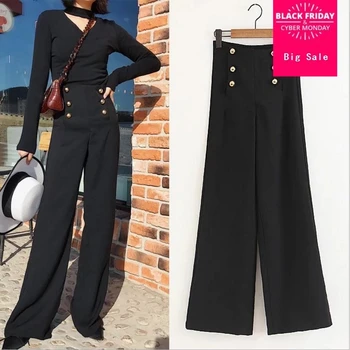 

New women High waist wide leg pants 2019 spring summer fashion brand casual female Flare Pants Button black pantalon trousers