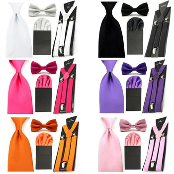 

Men Solid Pre-tied Bowtie 8cm Ties Pocket Square Hanky Suspender Braces Set SETBW0055