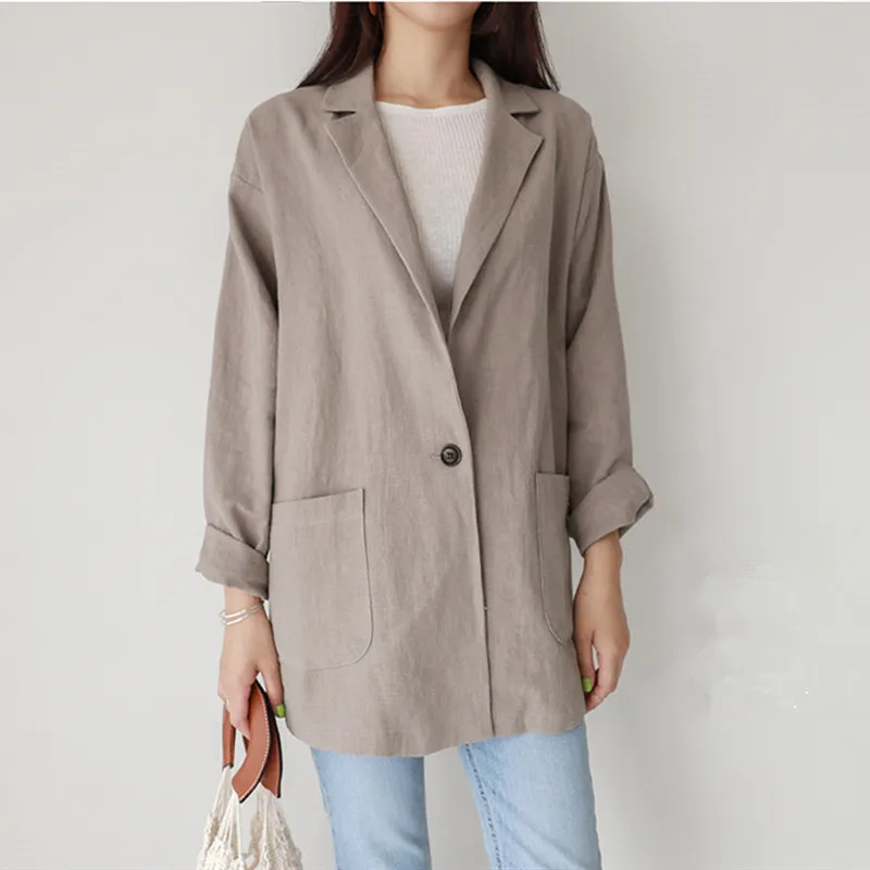 HziriP Summer Women Chic Simple Full Sleeves Single Button Office Ladies Fashion Vintage Loose All Match Blazer Large Size