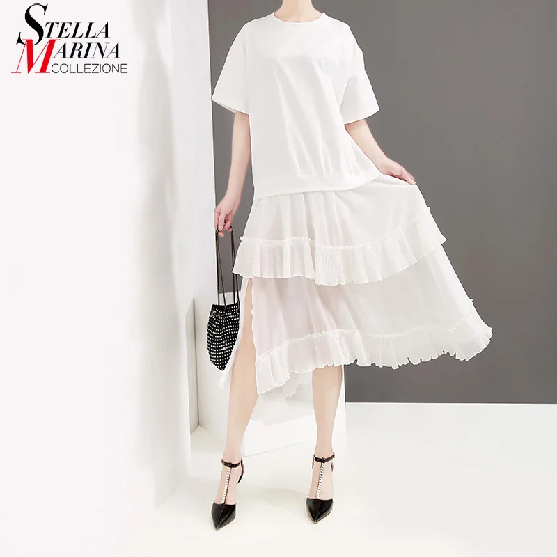 

New 2019 Korean Style Women Summer Solid Color White Chiffon Dress Ruffles Plus Size Lady Cute Midi Tshirt Dress Robe Femme 5010