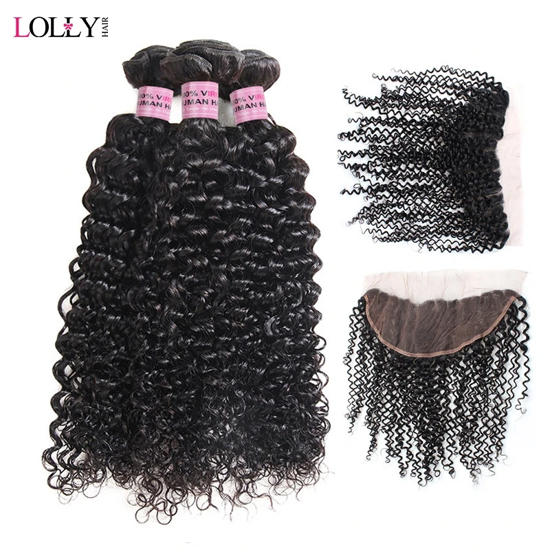Lolly Mongolian Kinky Curly Hair Bundles With Frontal Remy Human Hair 3 Bundles With Ear To Ear Lace Frontal Closure 13X4