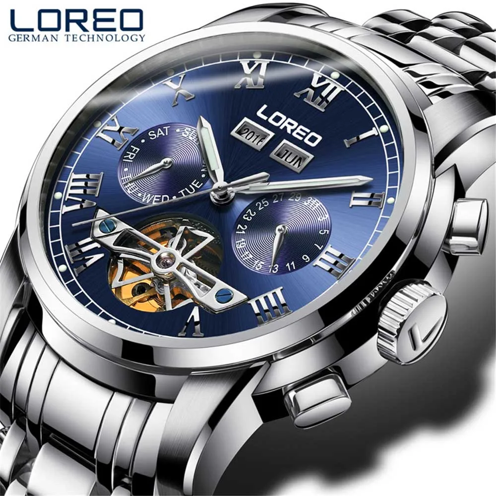 LOREO Brand Swim Men's Tourbillon Mechanical Watches Perpetual Calendar Waterproof Sport Watch Men Watch Clock saat reloj hombre - Цвет: Silver blue