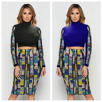 

Wjustforu Fashion Printed Elegant Tracksuit Women Short Tops And Bodycon Midi Skirts New Autumn Casual Two Piece Set Slim Female