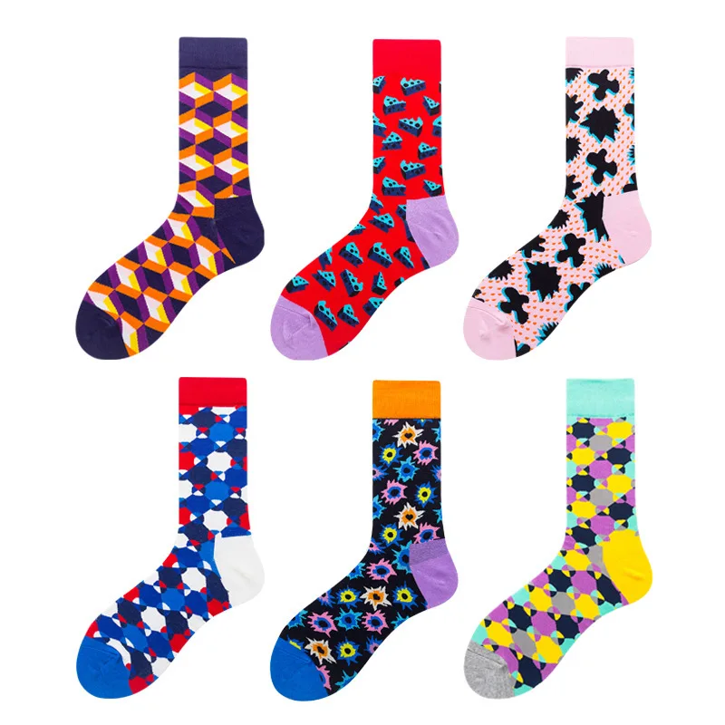 

PEONFLY Men Socks Happy Funny Cute Cartoon Pizza Puzzle Geometry Black Streetwear Harajuku Hip Hop Skate Fashion Cotton Socks