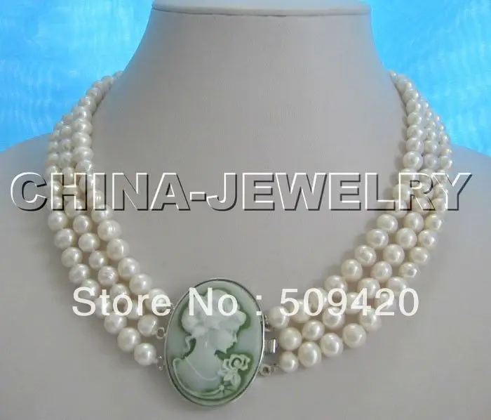 

FREE SHIPPING>>@> HOT >>3row natural WHITE 8mm FW pearl necklace-cameo clasp