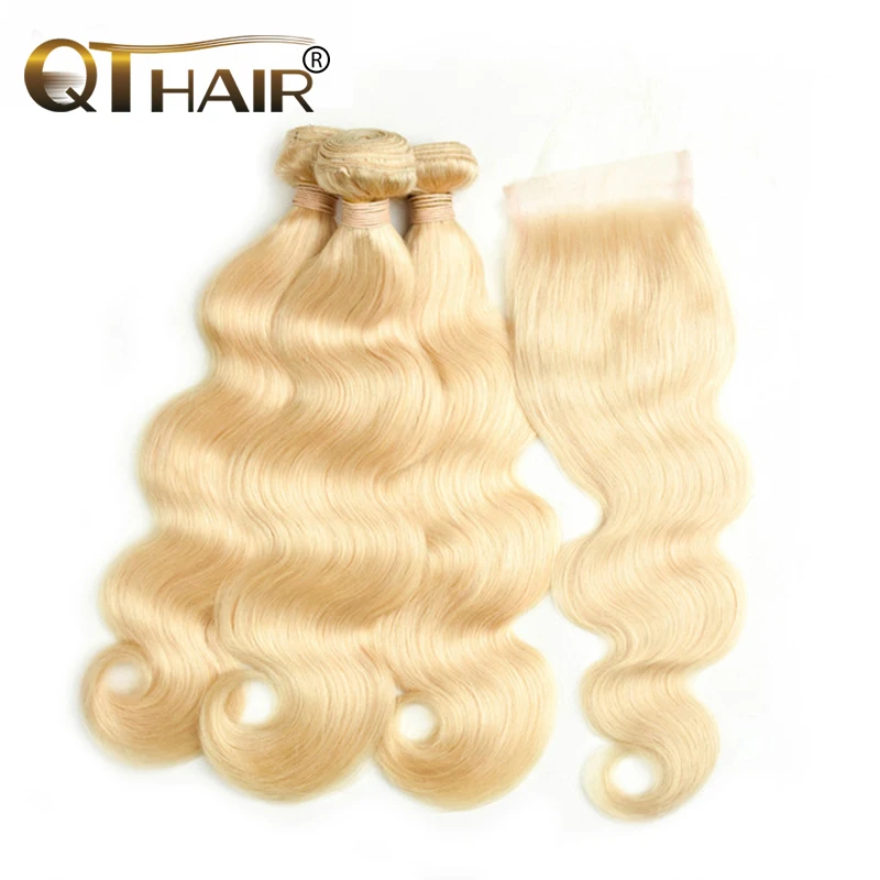

QT Brazilian Body Wave 3 Bundles With Closure 613 Blonde Human Hair Bundles With Closure Remy 613 Hair Extensions