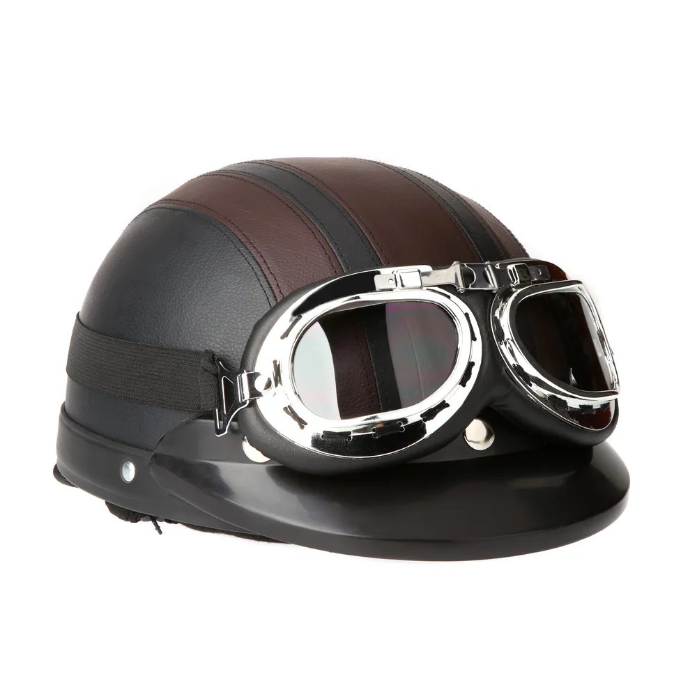 ПУ кожа мотоциклетные шлемы велосипедные шлемы для велосипеда с открытой половиной лица с козырьком очки для мужчин и женщин профессиональный Мото шлем - Цвет: Black Brown