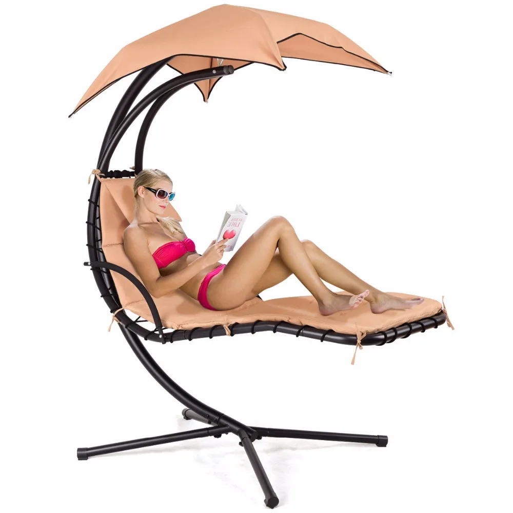 Giantex Hanging Chaise Lounger Chair Arc Stand Porch Swing Hammock Chair W/ Canopy Khaki Outdoor Furniture OP3460CF Giantex Hanging Chaise Lounger Chair Arc Stand Porch Swing Hammock Chair W/ Canopy Khaki Outdoor Furniture OP3460CF