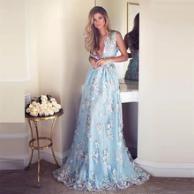 2017 Hellblau Stickerei Appliques Haute Couture Prom Kleider Lange Tiefe V Red Carpet Formale Kleider Frauen Wunderschöne Abendkleider