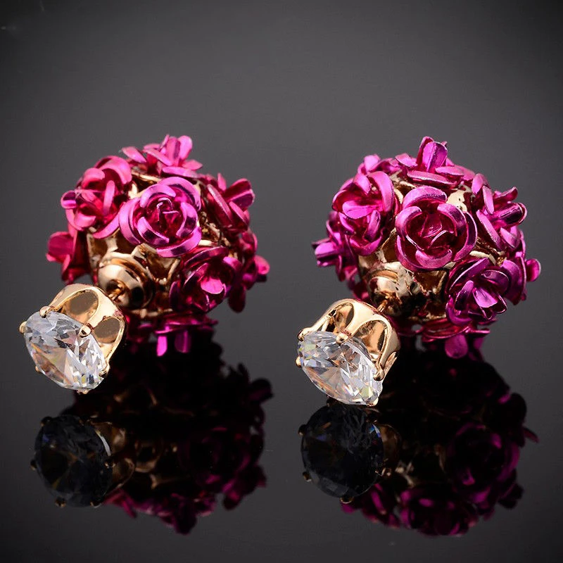 Women Double Sided Rose Crystal Stud Earring Statement Rhinestone Earring femme brincos Shellhard Vintage Korean Jewelry