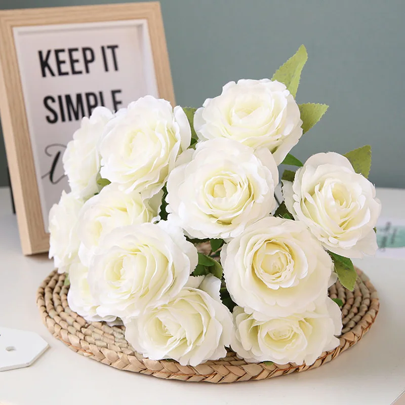 Flone Artificial Silk Rose Flower Bouquet Fake Flowers 12 Head Small Fresh Wedding Rose Decoration Home Decoration Accessories (5)