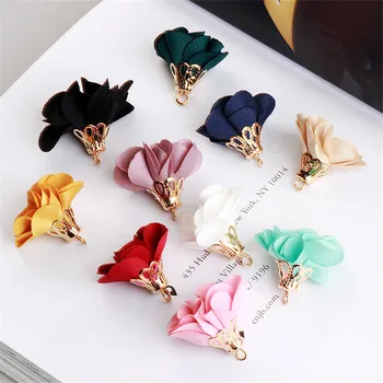 

New Arrival Fabric Rose Flower Decorated Tassel Charms 50PCs DIY Jewelry Findings Gold Color Alloy Caps Bracelet Necklae Charm