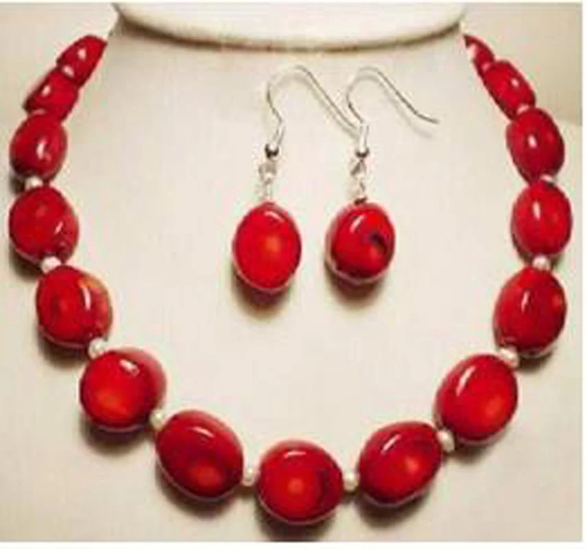 

New Jewelry White Akoya Pearl & red coral necklace earring BV119