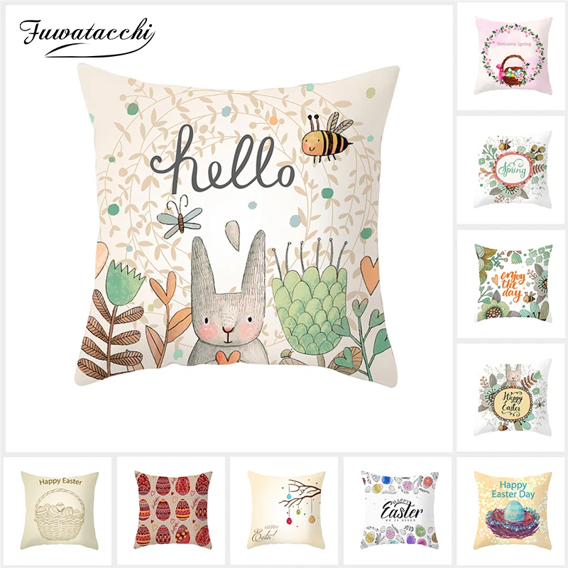 

Fuwatacchi 2019 New Easter Pillow Case Sofa Bed Home Decoration Festival Pillow Case Eggs Easter Rabbits Cushion Cover 45*45