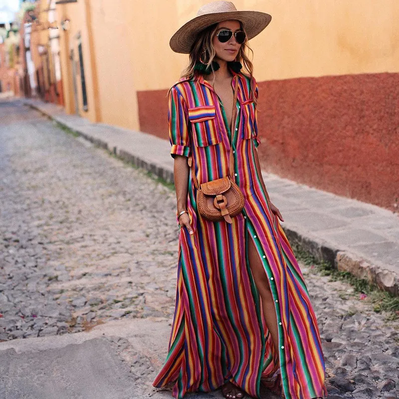 

2019 Striped Print Long Dress Summer Single-breasted Bohemia Beach Dress New Women Maxi Short Sleeve Loose Chiffon Dresses Hot