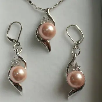 

real Ms. girl Wedding-jewelry Women's Wedding new perfect match jewelry set 10mm pink shell pearl pendantnoble lady's
