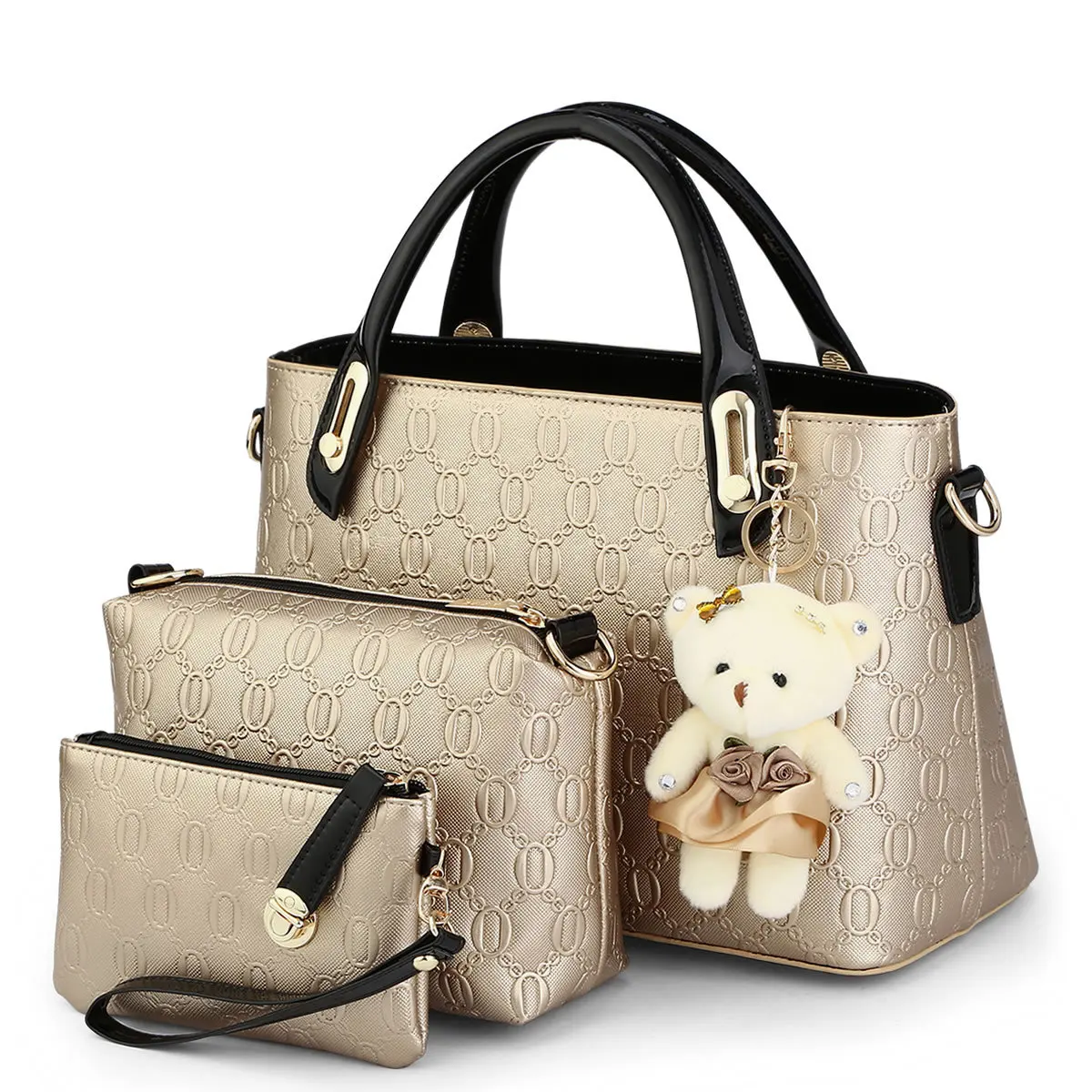 

3 pcs/set With bear toy Casual Embossed women bag Handbag High Quality Messenger Bags for women fashion Shoulder Bags sac bolso