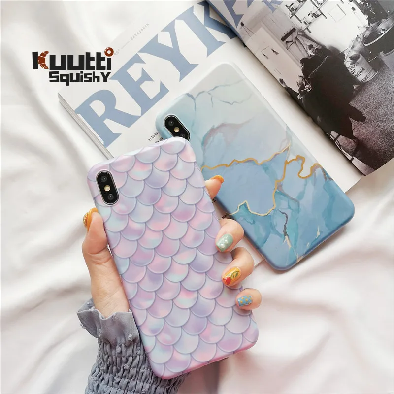 

Kuutti Squishy Luxury Mermaid Scale Blue Sea Marble Phone Cases for iPhone 6 6s 7 8 Plus X XR XS Max Cover for iphone 7 case
