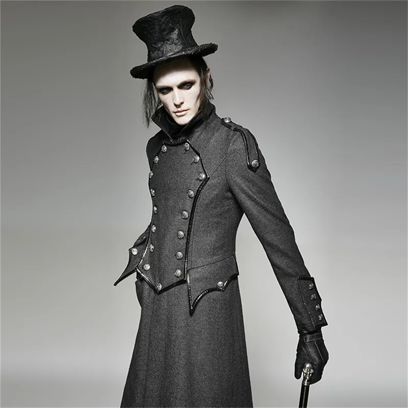 

Steampunk Men's Irregular Double-breasted Design Stand Collar Jacket Button Decoration Slim Long-sleeved Warm Coat