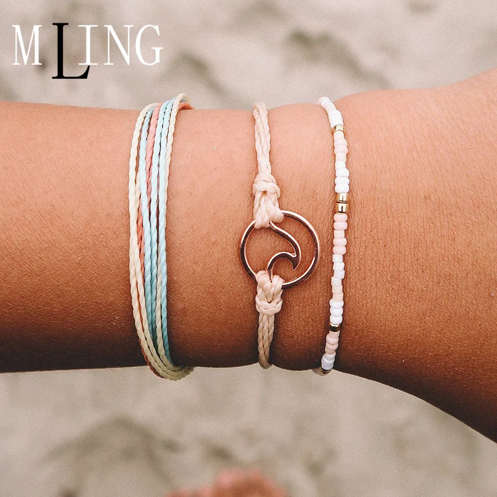 

MLING 3 Pcs/Set European and American Retro Bracelet For Women Summer Hot Pink Wave Hand-Woven Bracelet Jewelry