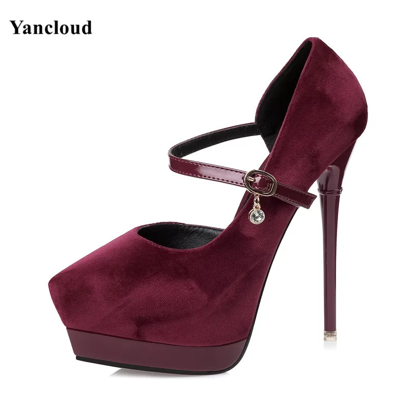 

New 2017 Flock Ankle Buckle Round Head Women Pumps with Heels Breathable Prom Office Shoes Woman High Heels