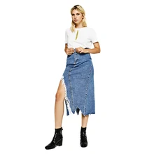 Женская Асимметричная с разрезом джинсовая юбка женская Повседневная до середины икры ампир индивидуальная длинная юбка-карандаш