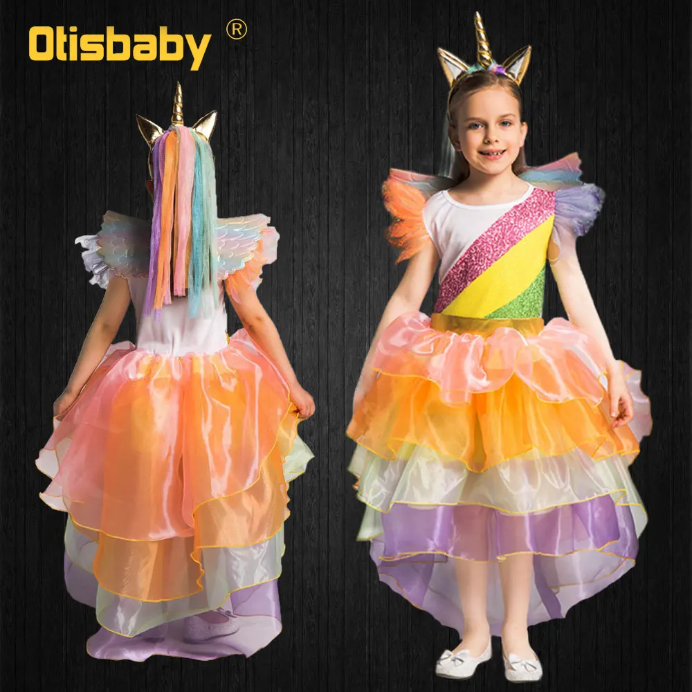 Модное платье единорога с хвостом для девочек; цветной костюм Пони для вечеринки на Хэллоуин и День рождения; детская Рождественская одежда с крыльями для костюмированной вечеринки