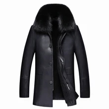 30 градусов теплая кожаная куртка для кроличьего меха воротник одна зимняя куртка новая мужская зимняя мода Толстая теплая зимняя кожаная куртка