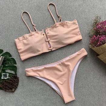 

Bandeau Bikinis Women Ruffle Fringe Bathing Suit Bandage Pink Bikini Swimwear 2019 Swimming Suit Push Up Biquini Maillot De Bain