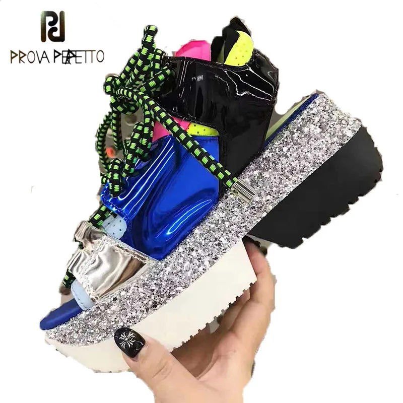 

Prova Perfetto New Bling bling Sequins Patent Laether Sneakers Women Casual Shoes Platform Wedge Heel Peep Toe Summer Shoes 2019