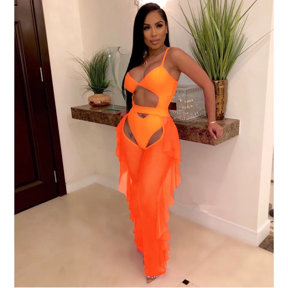 BKLD Neon Orange Two Piece Sexy Women Spaghetti Strap Bodysuit And Sheer Mesh Pants Ruffles Beach Club Party Bodycon Outfits skmy mesh lace v neck mini dress women 2023 new party dresses backless summer spaghetti strap hollow out night club outfit