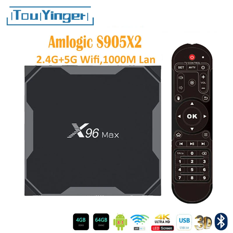 

TouYinger X96Max Smart TV BOX Android 8.1 Amlogic S905X2 LPDDR4 Quad Core 4GB 64GB 2.4G&5GHz Wifi BT 1000M H.265 4K Set top box