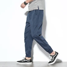 Весенние мужские брюки-карго из хлопка, Удобные однотонные брюки-карандаш на завязках, черные, темно-синие, хаки, повседневные мужские брюки для бега, BINHIIRO