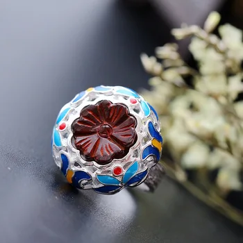 

925 Sterling Silver Ring style retro hand set natural ebony silver ring opening