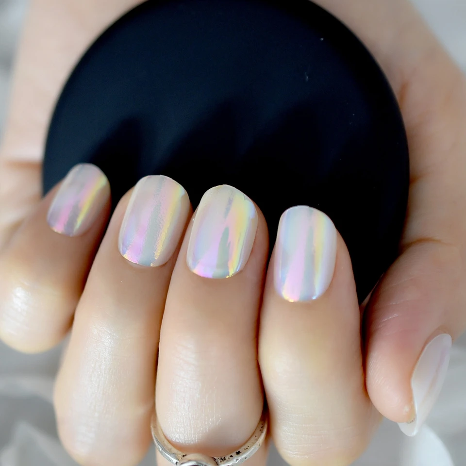 24pcs Holographic Rainbow Short Fake Nail Art Tips Round Full Wrapped Uv Gel Polish Acrylic Nails For Decoration Z856 False Nails Aliexpress