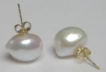 

free shipping Huge AAA 10-13mm South Sea White Baroque Pearl Earrings 14k/20 YELLOW GOLD