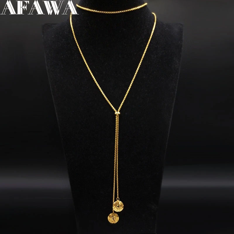 Collares largos de acero para Collar largo de flores redondas de Color dorado, joyería de sautoir para mujer, inoxyable|Collares colgantes| AliExpress