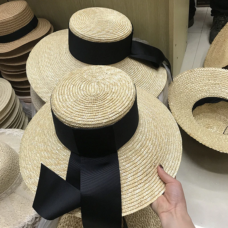 Натуральные женские шляпы от солнца с черной лентой 9 см 13 см 15 см с плоским верхом с большими широкими полями, соломенная шляпа, пляжные шляпы