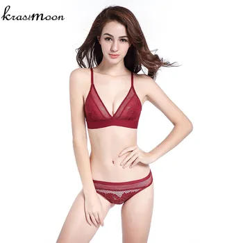 

Women Underwear Deep V-neck Transparent Lace Embroidery Sexy Bra Set Hollow Thin Cup Bra Wireless Thin Bra Briefs Set BS179