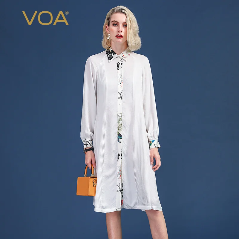 VOA/Белое платье-рубашка женские платья средней длины из шелка Свободные повседневные платья с длинными рукавами больших размеров Harajuku Mori Girl Jurken Fall A10086