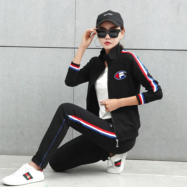 Женский хлопковый спортивный костюм, комплект из 3 предметов, Ropa Deportiva Mujer, куртка на молнии, футболка и штаны, Женский комплект, женские комплекты для бега - Цвет: Черный