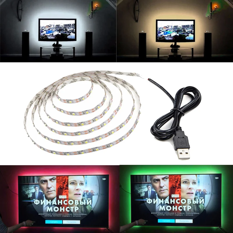 

5V USB Cable LED Strip Light Warm White Red Blue Green RGB LED TV Background Backlight SMD 3528 Flex Ribbon Tape Stripe Lamp 1M