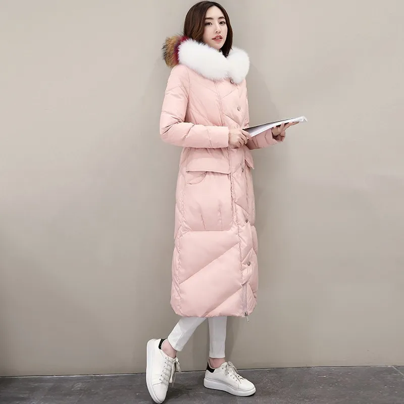 Зимний женский длинный пуховик, пальто, верхний уровень, утиный пух, сохраняющий тепло, Женское пальто размера плюс, с капюшоном, меховой воротник, куртки PJ341 - Цвет: Pink