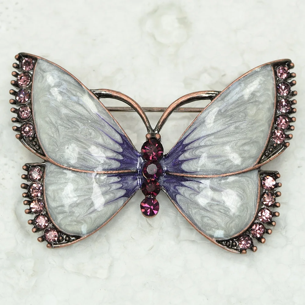Antique copper Rhinestone Purple Enamel Butterfly brooch Pin C866 D3in