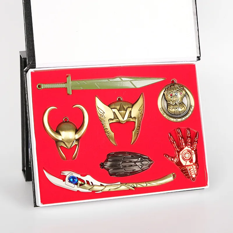 

Avengers Endgame Thanos Glove Infinity War Keychains Captain America Iron Man Loki Thor Cosplay Weapon Props Keychains Set Box